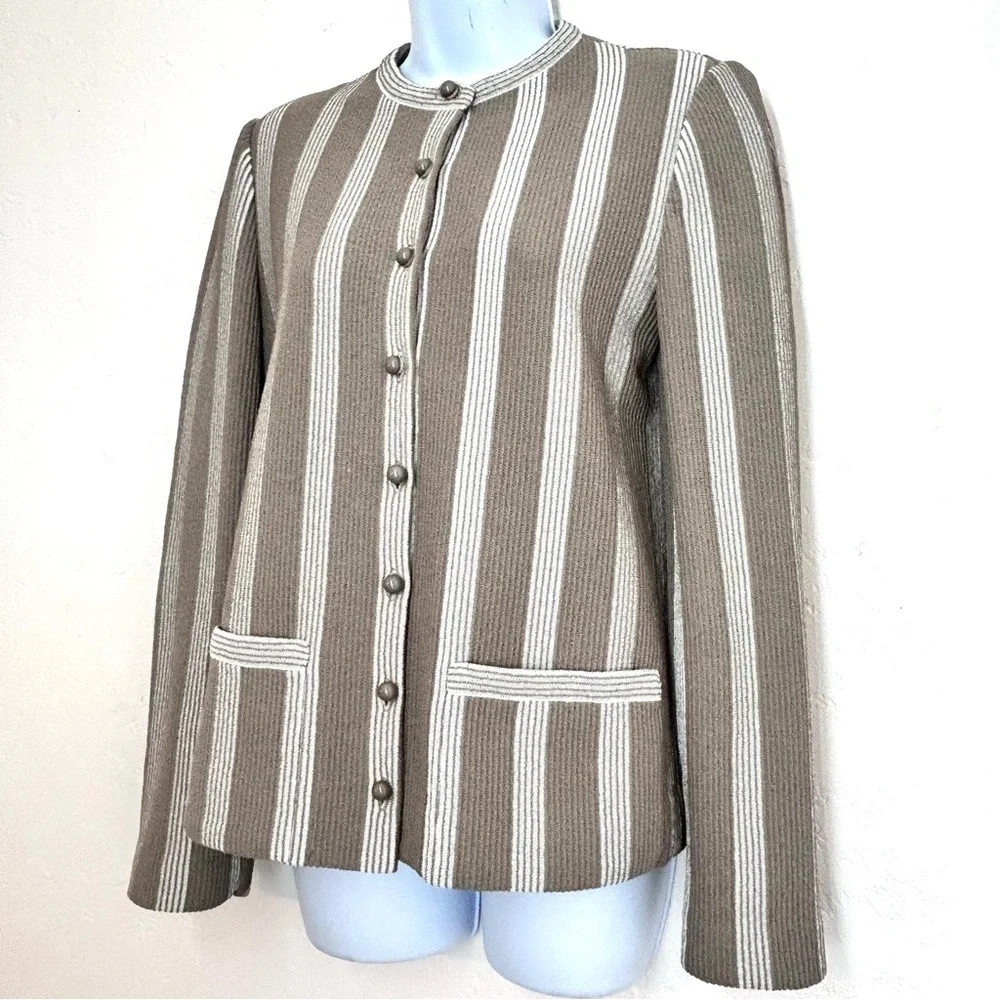 Castleberry Vintage Blazer Jacket Size M Taupe Ivory Stripe Texture Stretch Knit